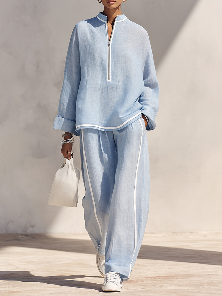 Set da Donna in Lino Blu Chiaro con Collo Alto e Mezza Zip, Top Oversize e Pantaloni a Gamba Larga