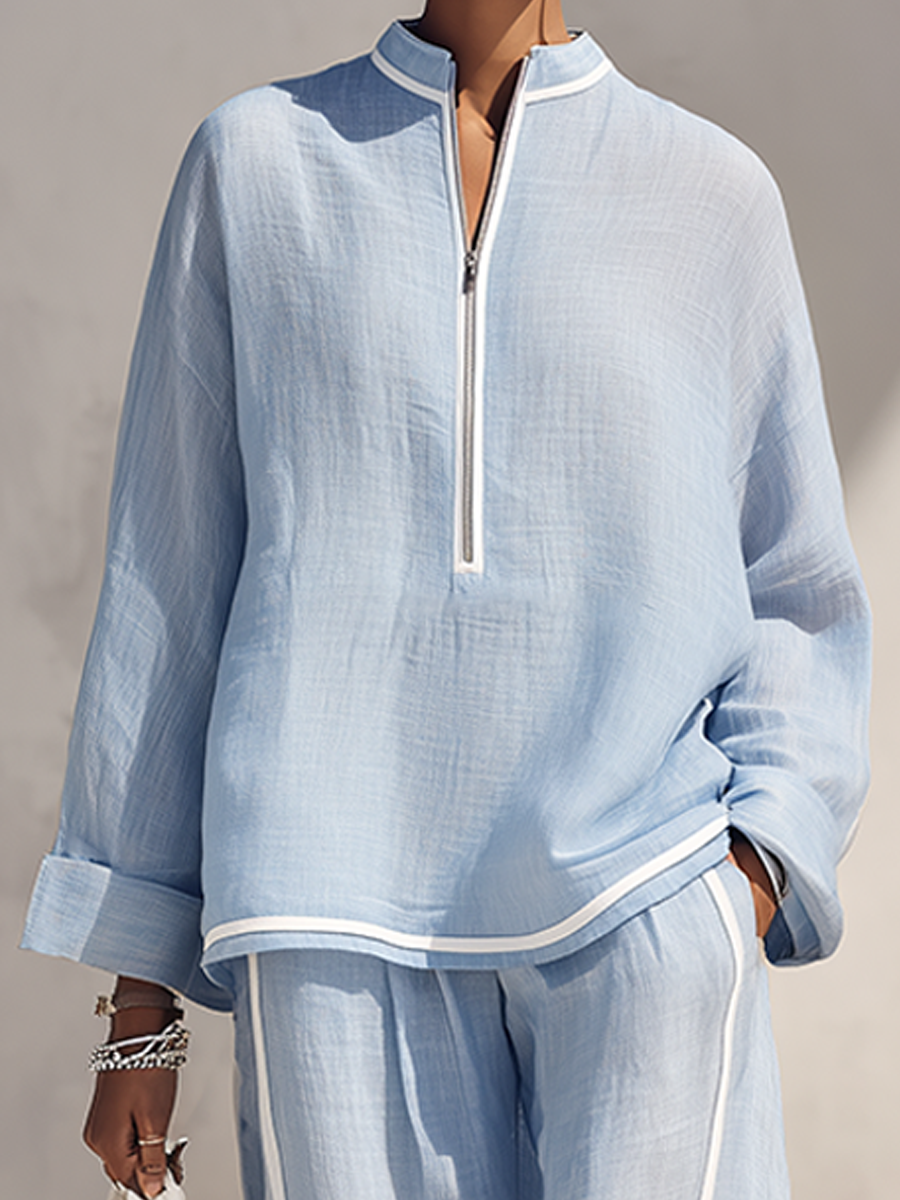 Set da Donna in Lino Blu Chiaro con Collo Alto e Mezza Zip, Top Oversize e Pantaloni a Gamba Larga