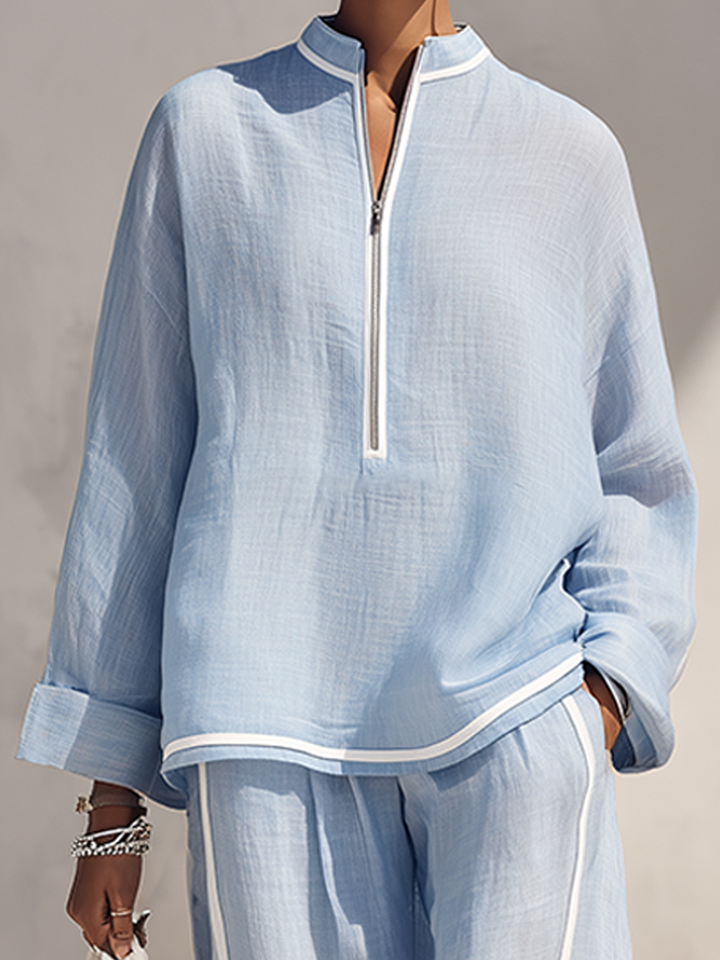 Set da Donna in Lino Blu Chiaro con Collo Alto e Mezza Zip, Top Oversize e Pantaloni a Gamba Larga