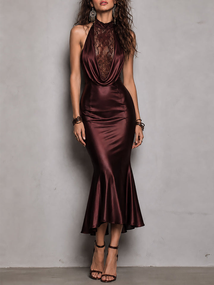 Elegante Maxi Dress in Raso con Inserti in Pizzo Drappeggiati