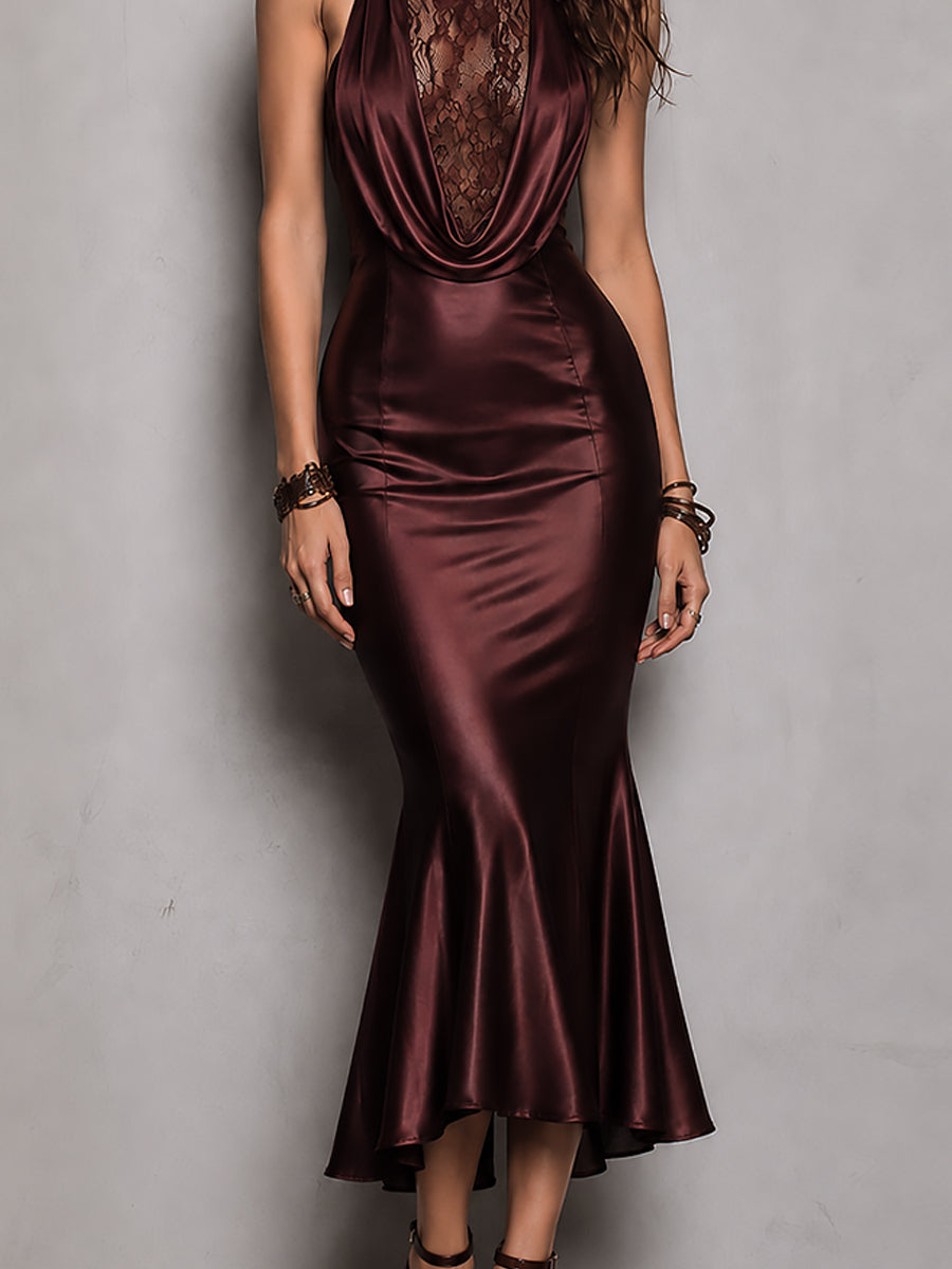 Elegante Maxi Dress in Raso con Inserti in Pizzo Drappeggiati