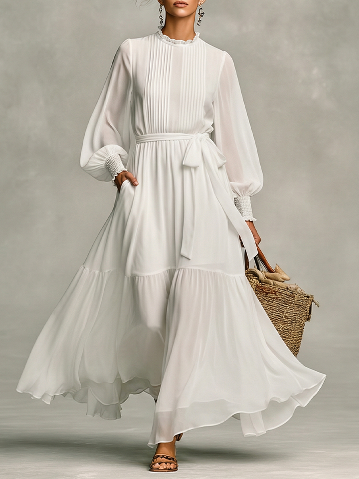 Abito Maxi in Chiffon Bianco con Maniche a Lanternina e Fiocco Regolabile