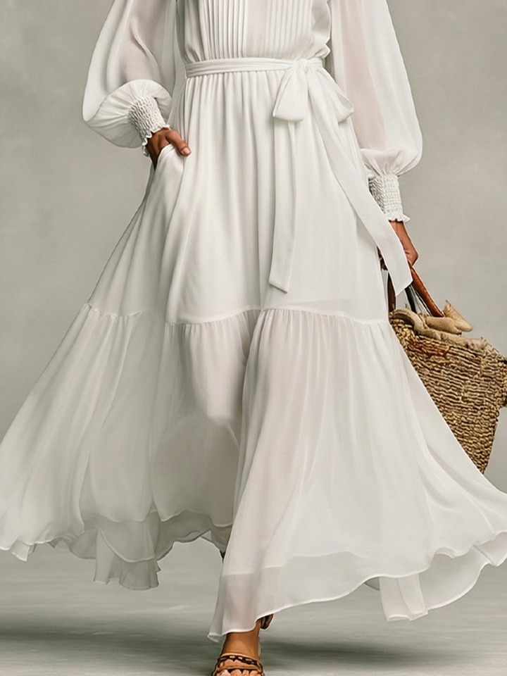 Abito Maxi in Chiffon con Maniche a Lanterna e Fiocco Regolabile Bianco