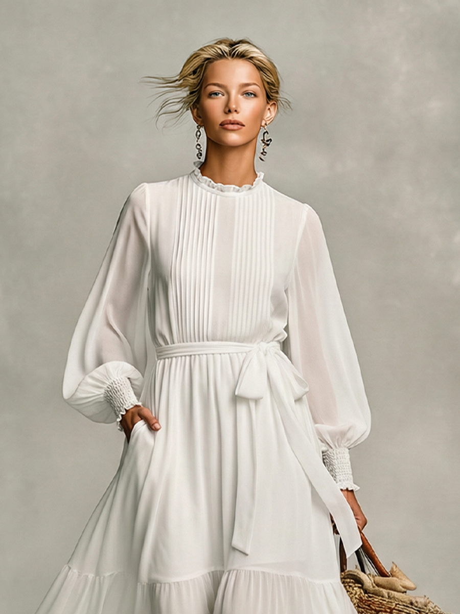 Abito Maxi in Chiffon Bianco con Maniche a Lanternina e Fiocco Regolabile