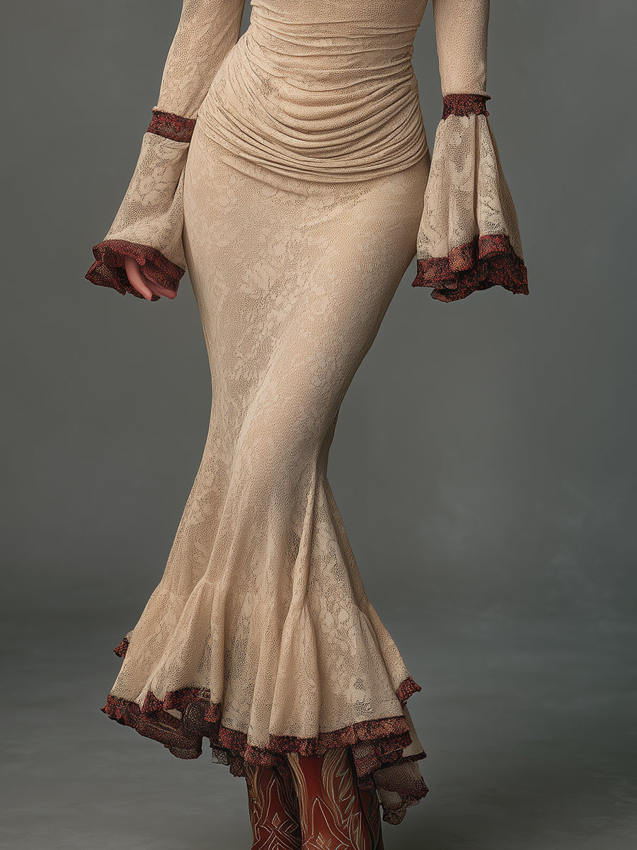 Abito Maxi in Pizzo con Scollo Drappeggiato e Orlo a Codale