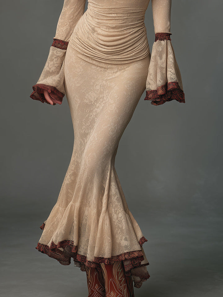 Abito Maxi in Pizzo con Scollo Drappeggiato e Orlo a Codale