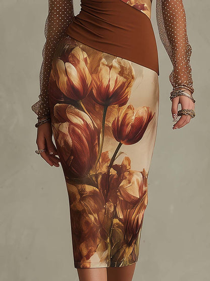 Abito midi bodycon in mesh a maniche lunghe con stampa floreale tulipano vintage e pois
