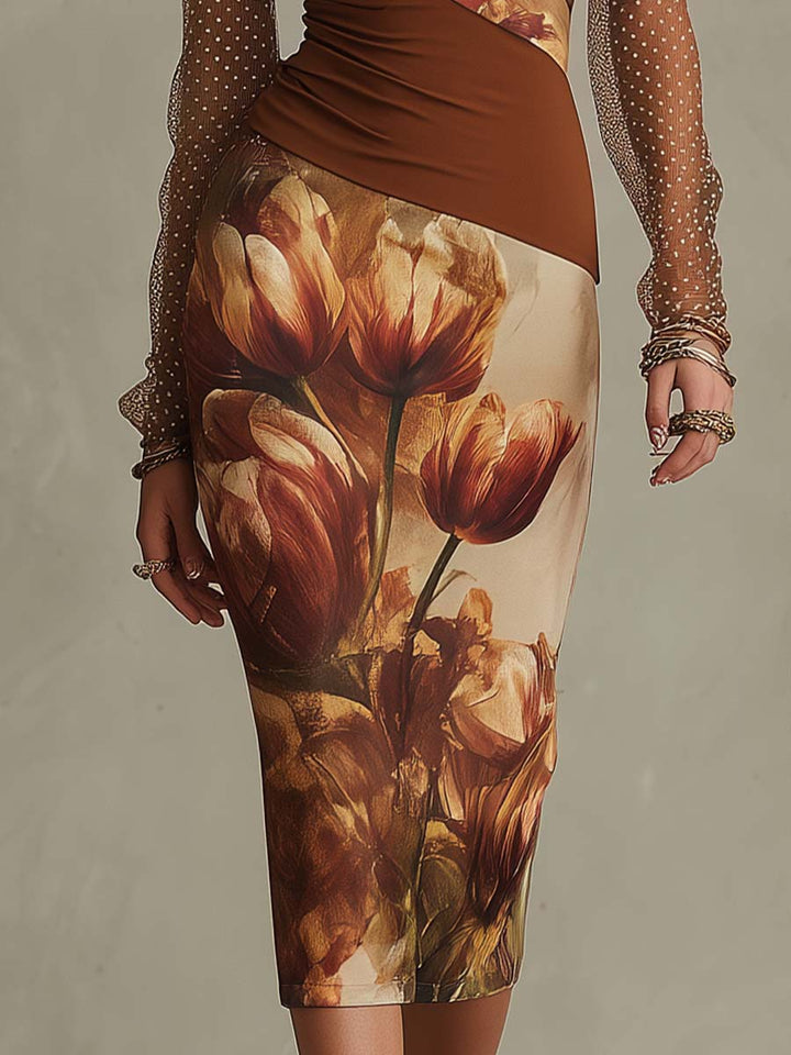 Abito Midi Bodycon in Rete con Stampa Floreale Tulipano Vintage e Pois, Maniche Lunghe e Vita Arricciata