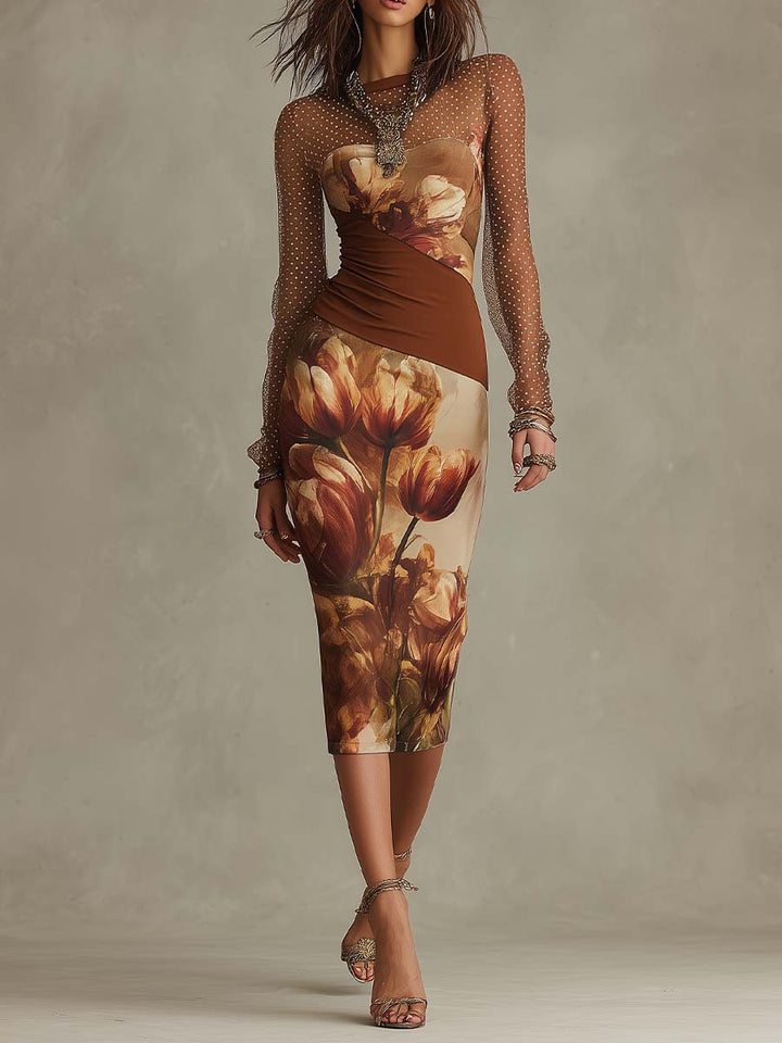 Vestito Midi Bodycon a Maniche Lunghe con Stampa Floreale Tulipano Vintage e Pois