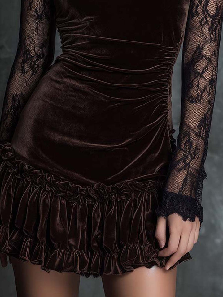 Abito mini in pizzo vellutato chocolate goth con pieghe