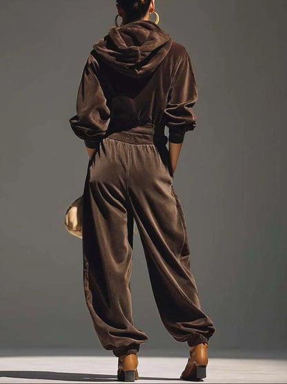 Set di felpa in velluto marrone vintage e pantaloni larghi (Include cintura)