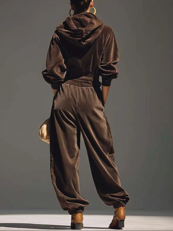 Set di felpa in velluto marrone vintage e pantaloni larghi (Include cintura)