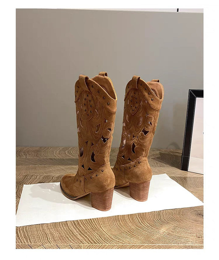 Stivali Western in suede con tacco chunky ricamato e traforato
