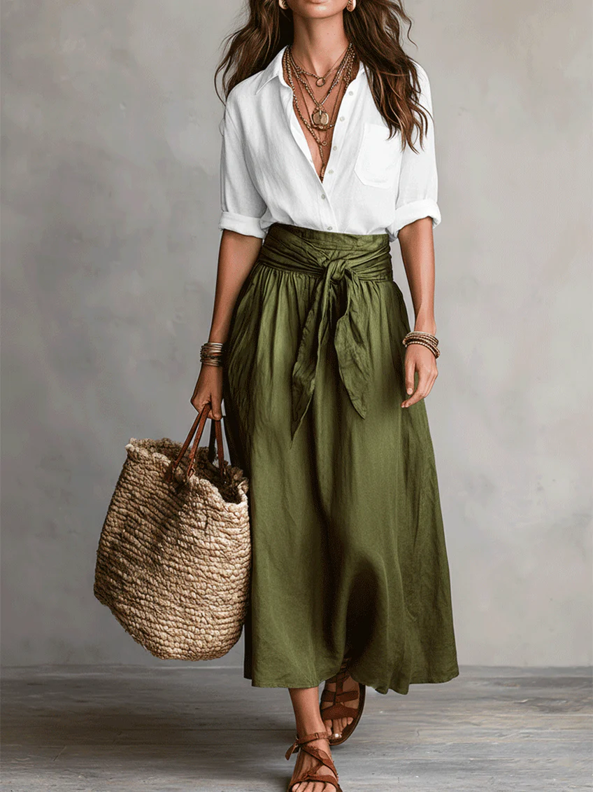 Completo Due Pezzi: Camicia Nera e Gonna Midi Verde Oliva