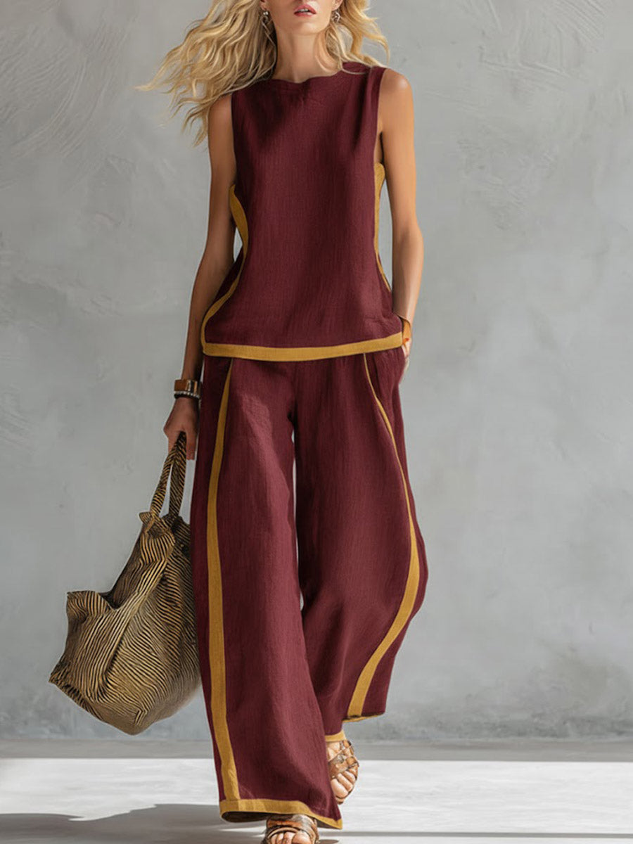 Set di Top Casual Senza Maniche a Collo Rotondo e Pantaloni a Vita Alta a Gamba Larga