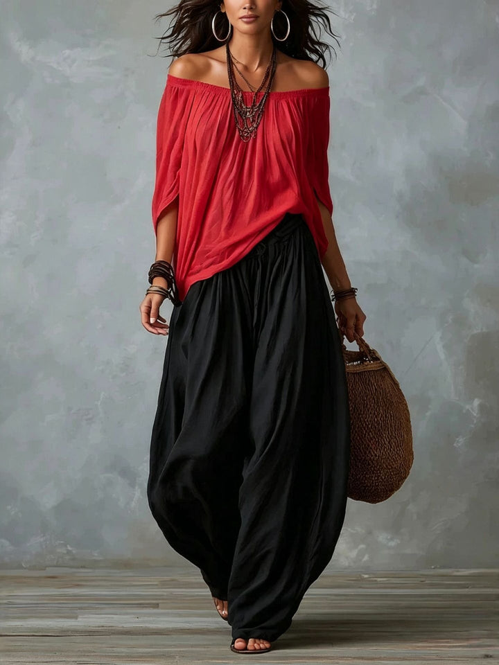 Top Bianco Off-the-shoulder E Set Di Pantaloni Lantern Comodi
