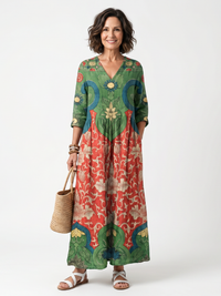 Sloane | Abito Midi a V con Tasche e Stampa Mista
