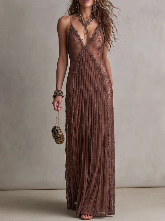 Abito Maxi Elegante in Pizzo Cami Marrone