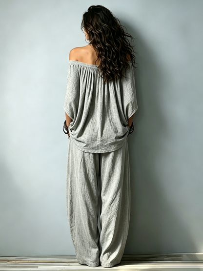 Set Due Pezzi Larghe con Top in Cotone Grigio Off-Shoulder e Pantaloni Coordinati