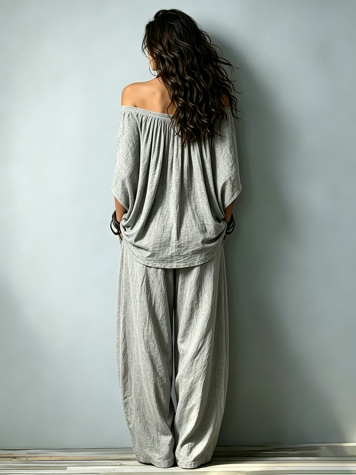 Set Due Pezzi Larghe con Top in Cotone Grigio Off-Shoulder e Pantaloni Coordinati