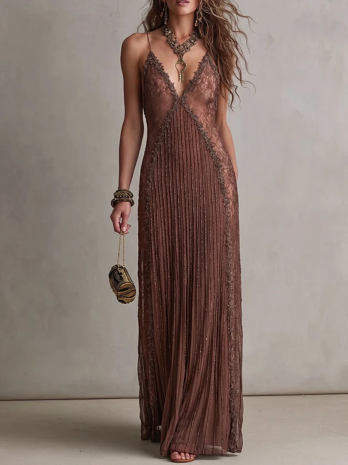 Abito Maxi Elegante in Pizzo Cami Marrone