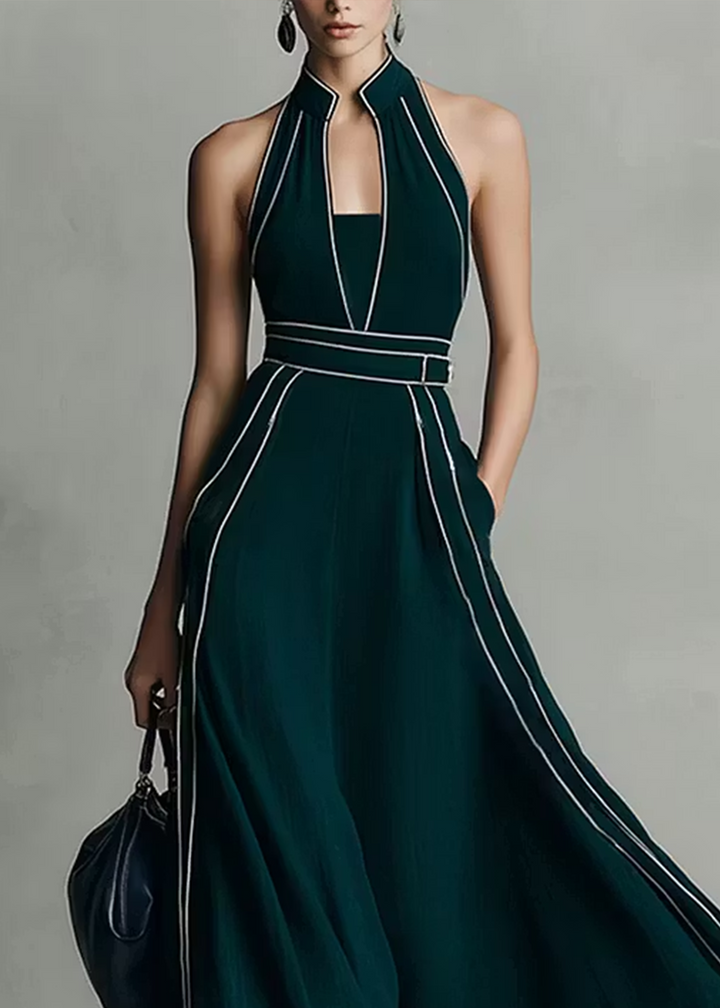 Abito Elegante Maxi Senza Maniche con Collo Mandarino Verde Scuro