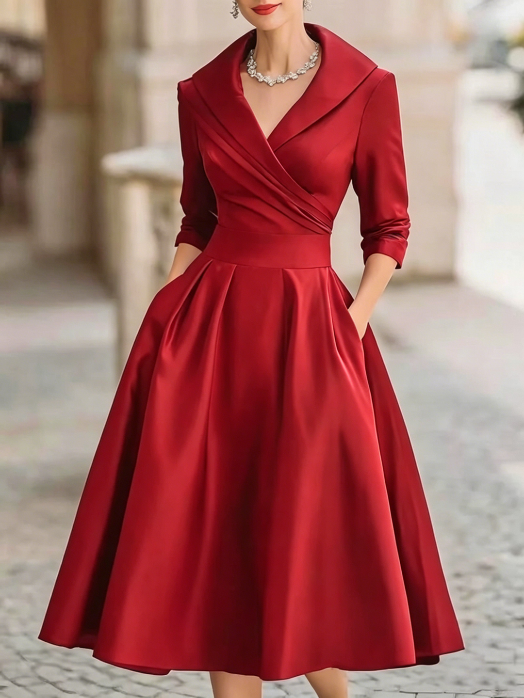 Elegante Vestito Midi A-Line in Satin Nero Plissettato con Scollatura a V