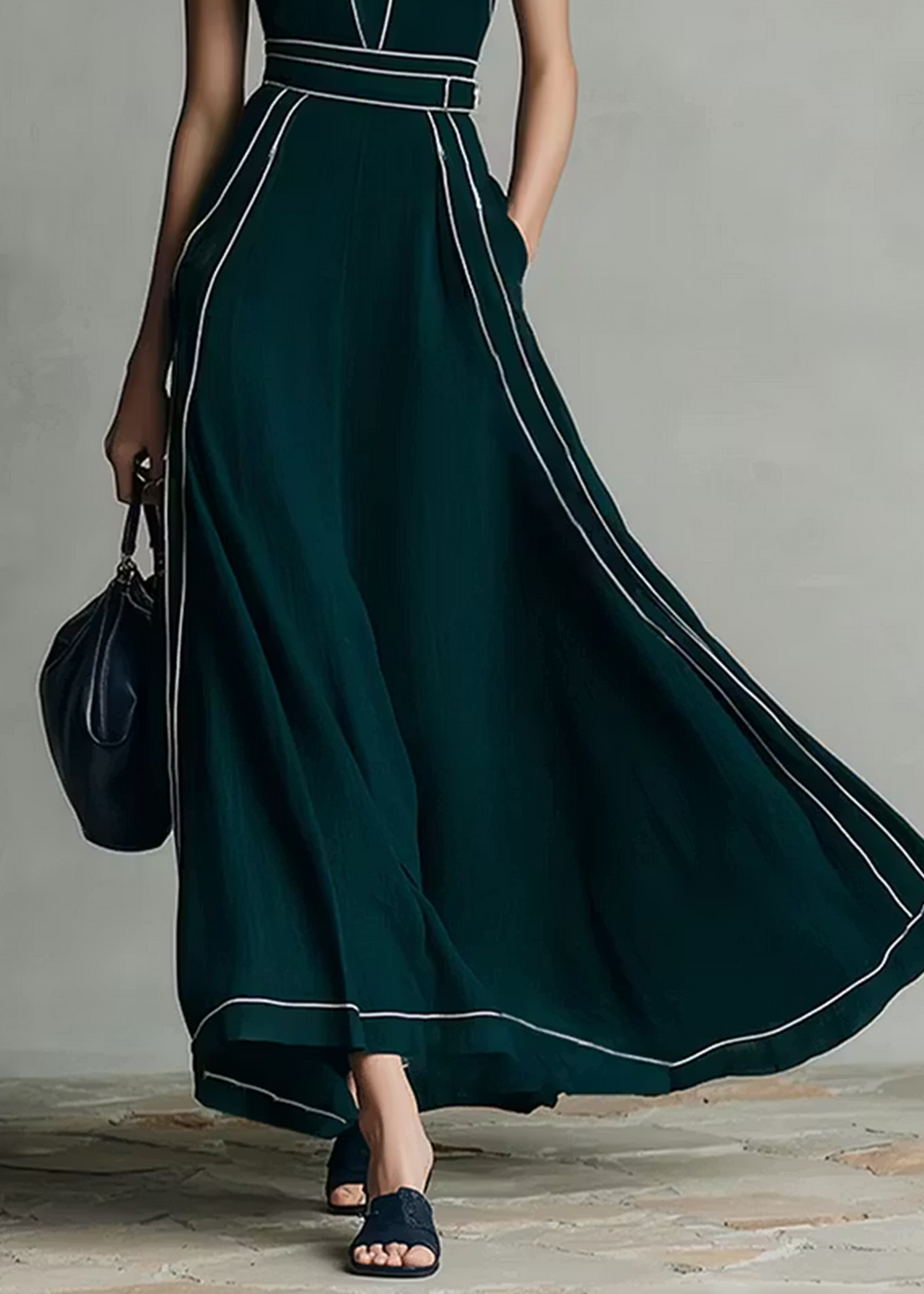 Abito Elegante Maxi Senza Maniche con Collo Mandarino Verde Scuro