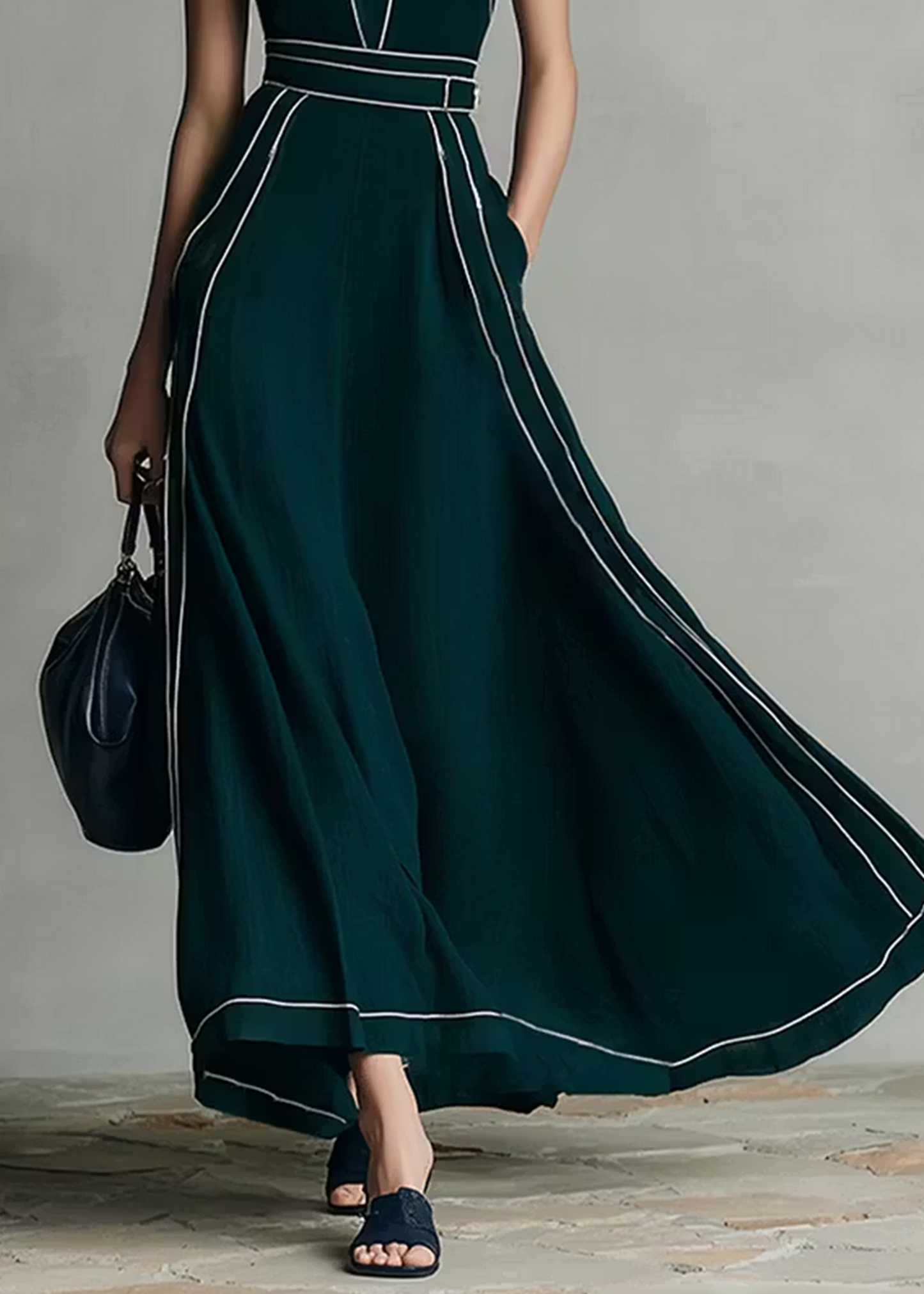 Abito Elegante Maxi Senza Maniche con Collo Mandarino Verde Scuro