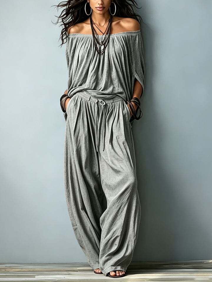 Set Due Pezzi Larghe con Top in Cotone Grigio Off-Shoulder e Pantaloni Coordinati