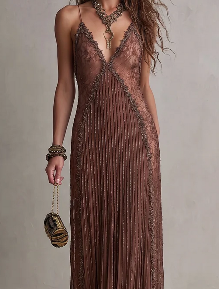 Abito Maxi Elegante in Pizzo Cami Marrone