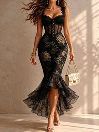 Abito Midi Sirena Nero Romantico con Pizzo