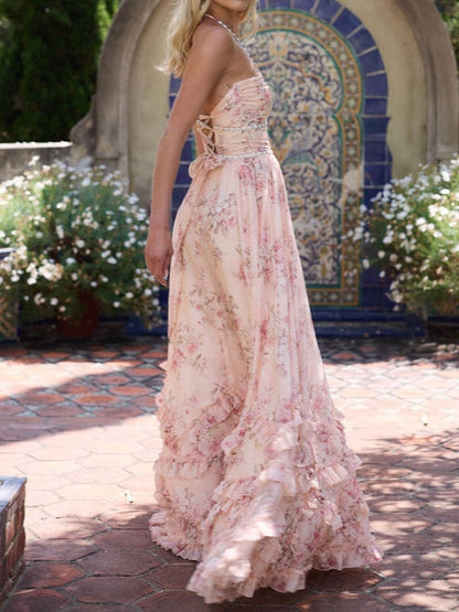 Abito Maxi Con Balza e Perle Artificiali Floreale