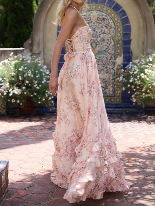 Abito Maxi a Fiori con Perle Finte e Volant