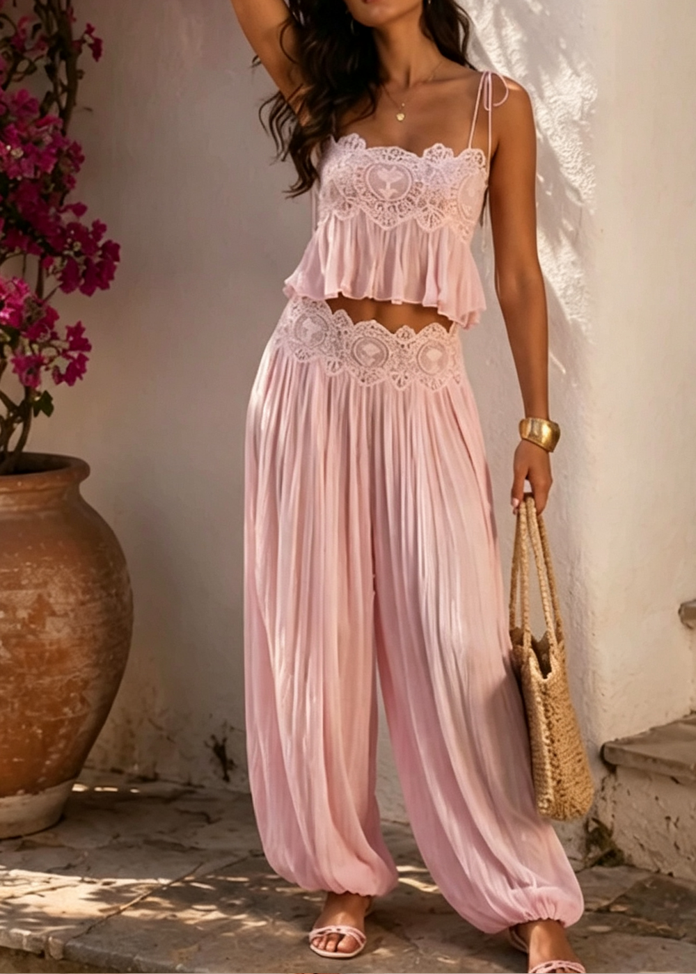 Set Top Cami in Pizzo Rosa e Pantaloni a Lanterna