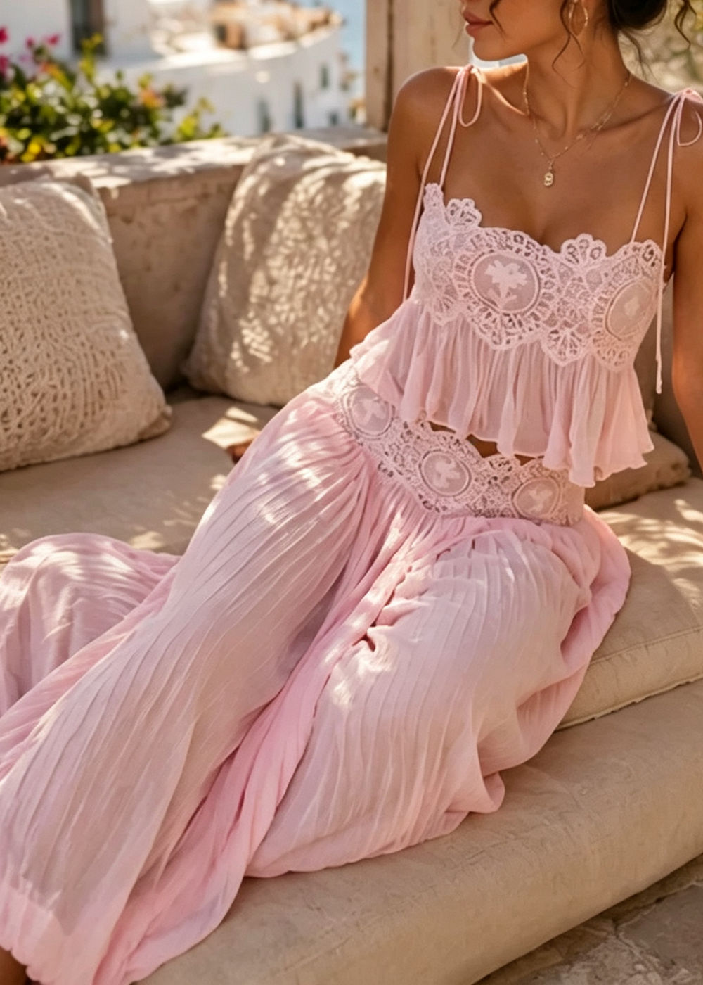 Set Top Cami in Pizzo Rosa e Pantaloni Lantern
