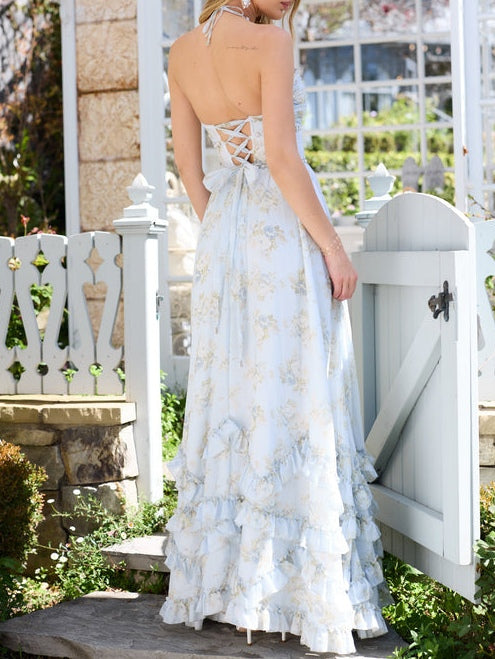 Abito Maxi Con Balza e Perle Artificiali Floreale