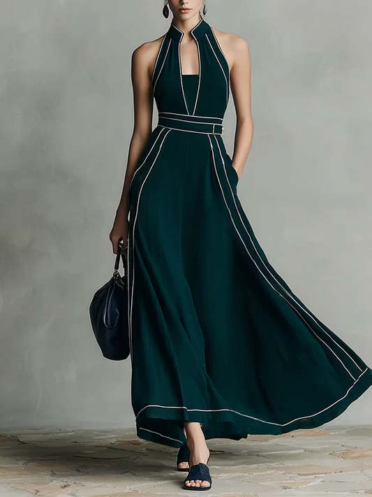 Abito Elegante Maxi Senza Maniche con Collo Mandarino Verde Scuro
