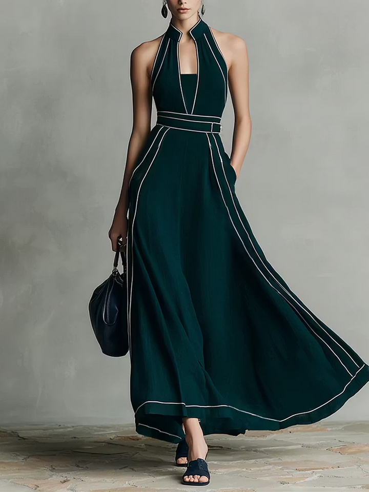 Abito Elegante Maxi Senza Maniche con Collo Mandarino Verde Scuro