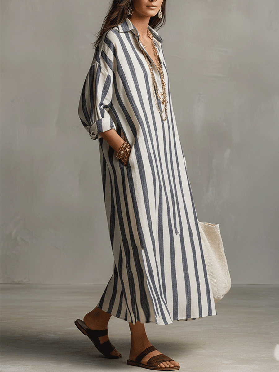 Abito Maxi Stile Bohemien con Camicia a Righe Casual