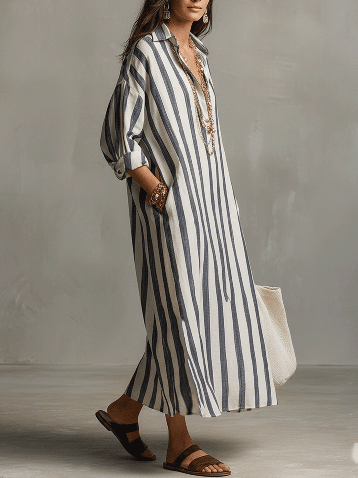 Abito Maxi Stile Bohemien con Camicia a Righe Casual