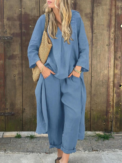 Set Top a V Scollo Irregolare in Lino e Pantaloni Ampi a Vita Alta con Tasche
