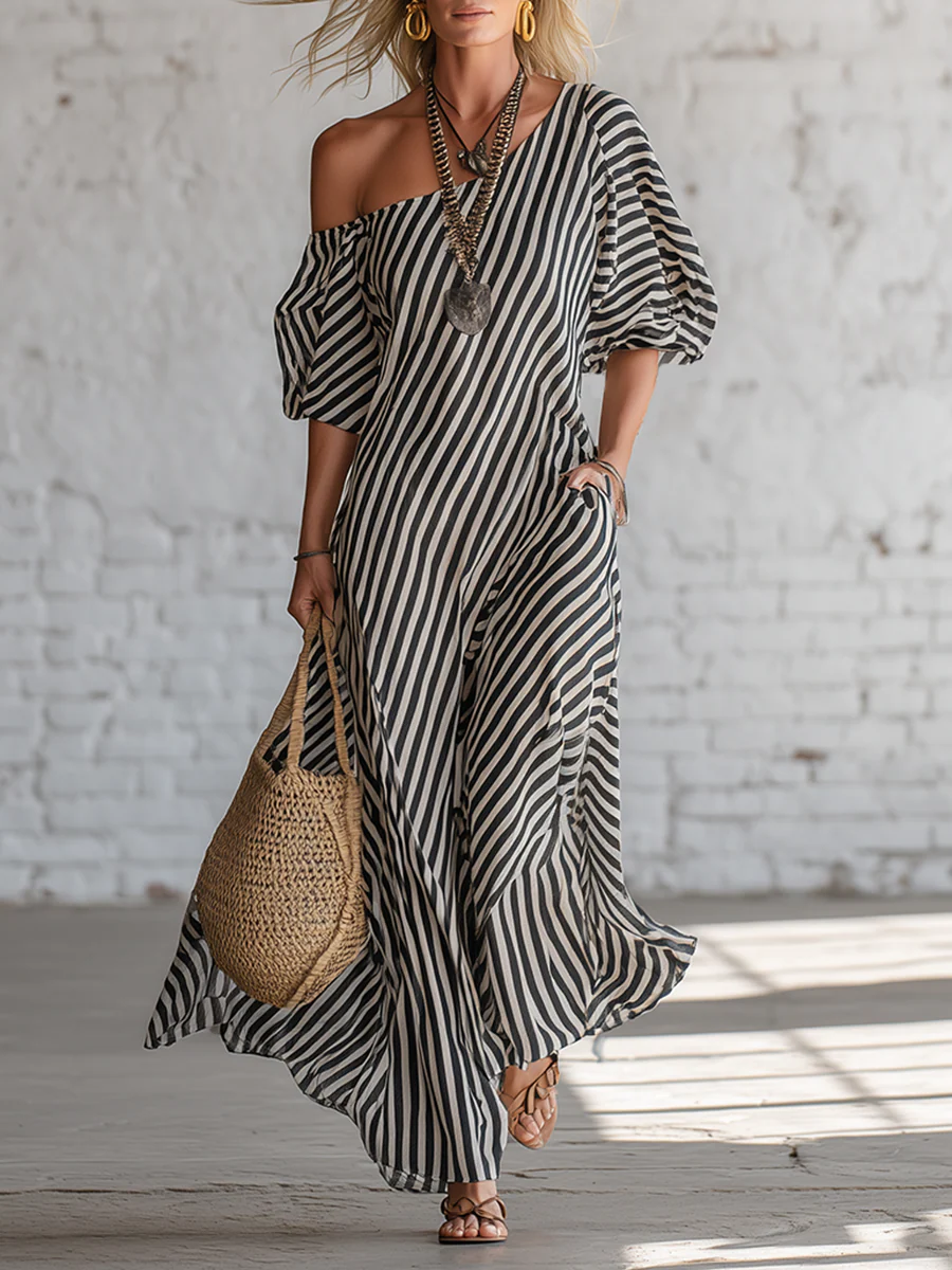 Abito Maxi Elegante e Classico a Righe con Spalle Scoperte