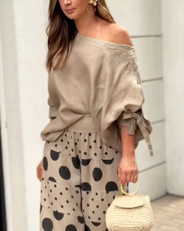 Completo Due Pezzi Top Spalla Scoperta & Pantaloni Stampati