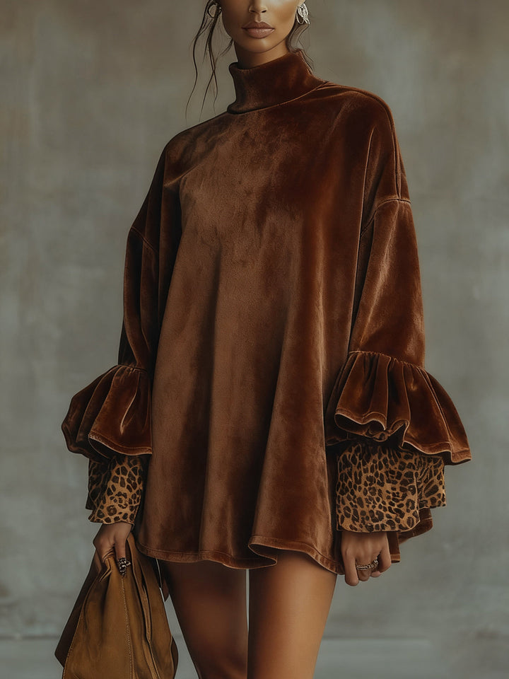 Abito Mini in Velluto Leopardo con Maniche Flounce