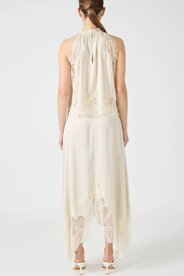 Set Top con Collo Plissettato in Pizzo + Gonna con Fessura Irregolare