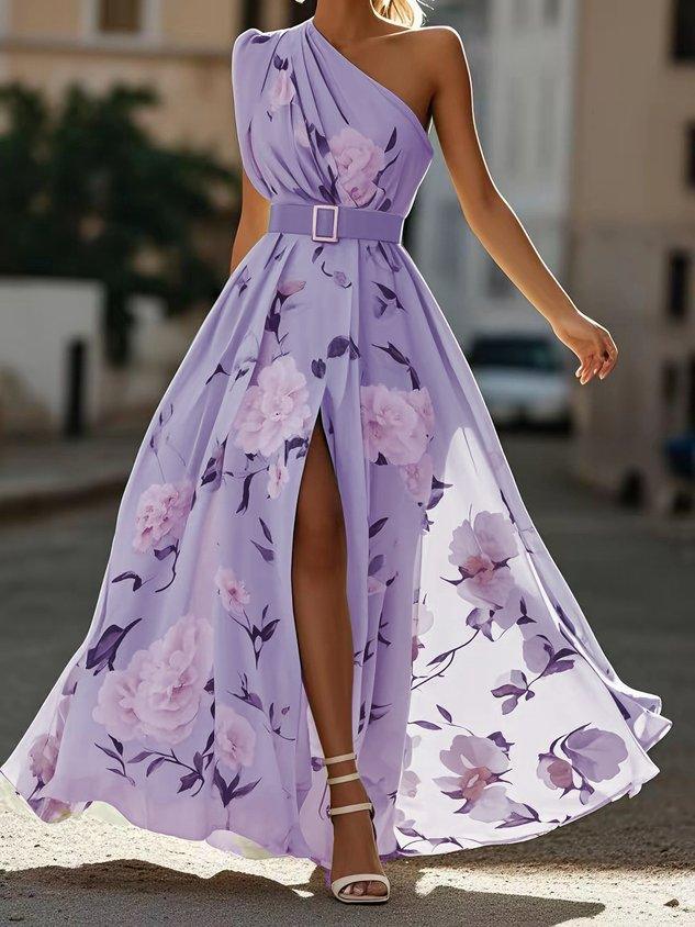 Abito Maxy in Chiffon Verde Chiaro a Fiori con Spalla Scoperta