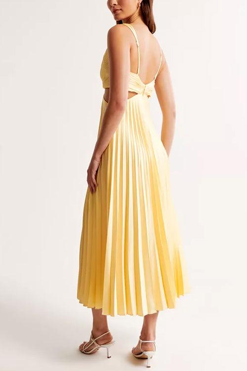 Abito Maxi Senza Maniche Plissettato con Cut Out in Vita a V