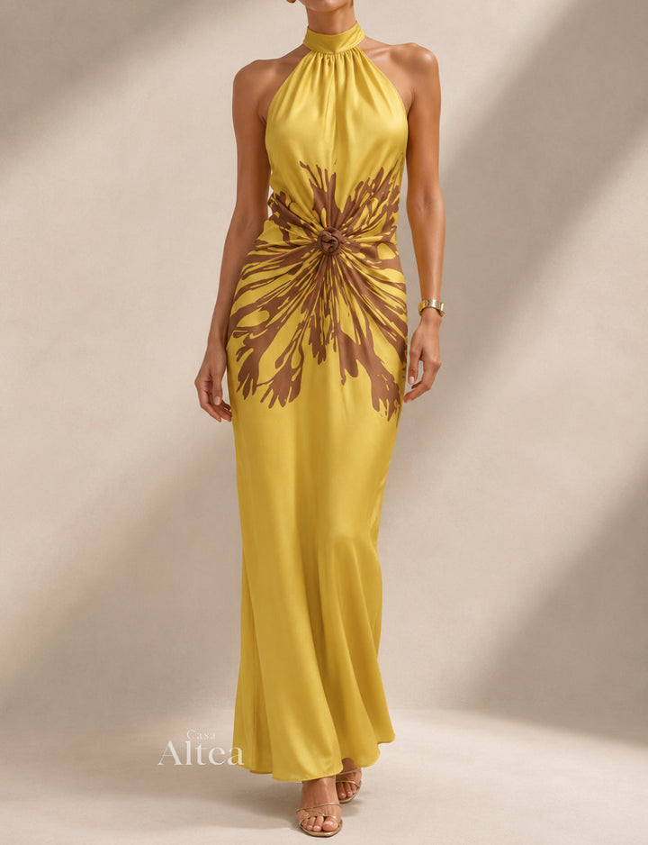 Solène Vestito Maxi Halter Stampato con Finitura Satinata