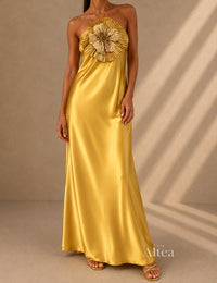 Solenne Vestito Maxi Satinato con Fiore Halter